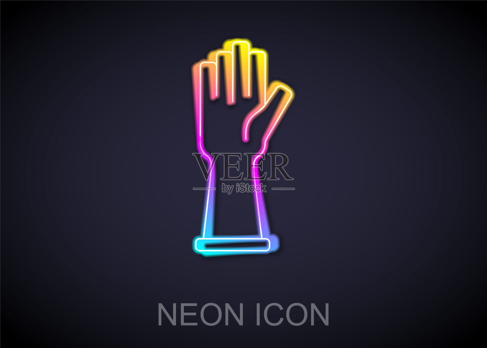 发光的霓虹灯线橡胶手套图标孤立在黑色背景。乳胶手保护标志。家务清洁设备符号。向量插画图片素材