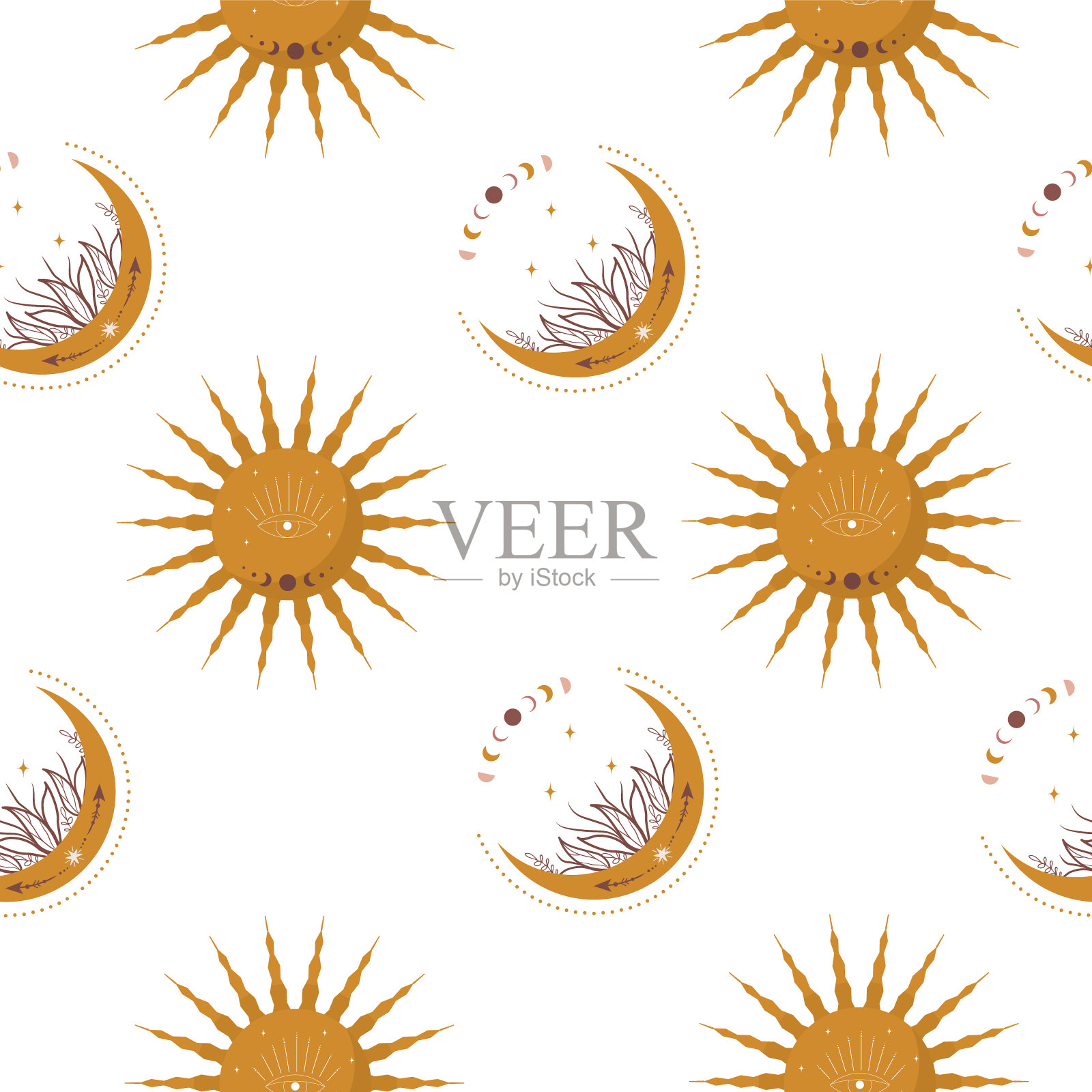 无缝图案与抽象的月亮和太阳。当代斯堪的纳维亚墙纸和家居装饰设计。波西米亚风格的现代矢量插图插画图片素材