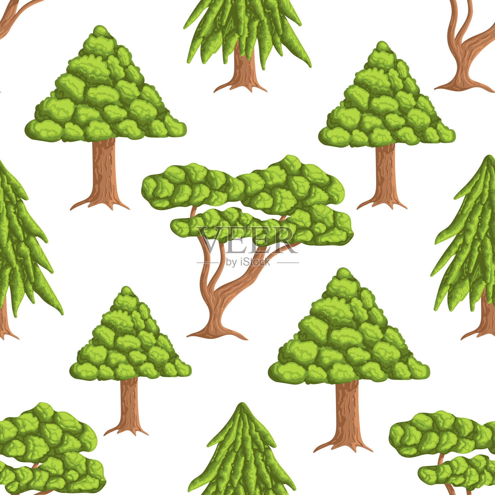 绿树和云杉的无缝图案。插画图片素材