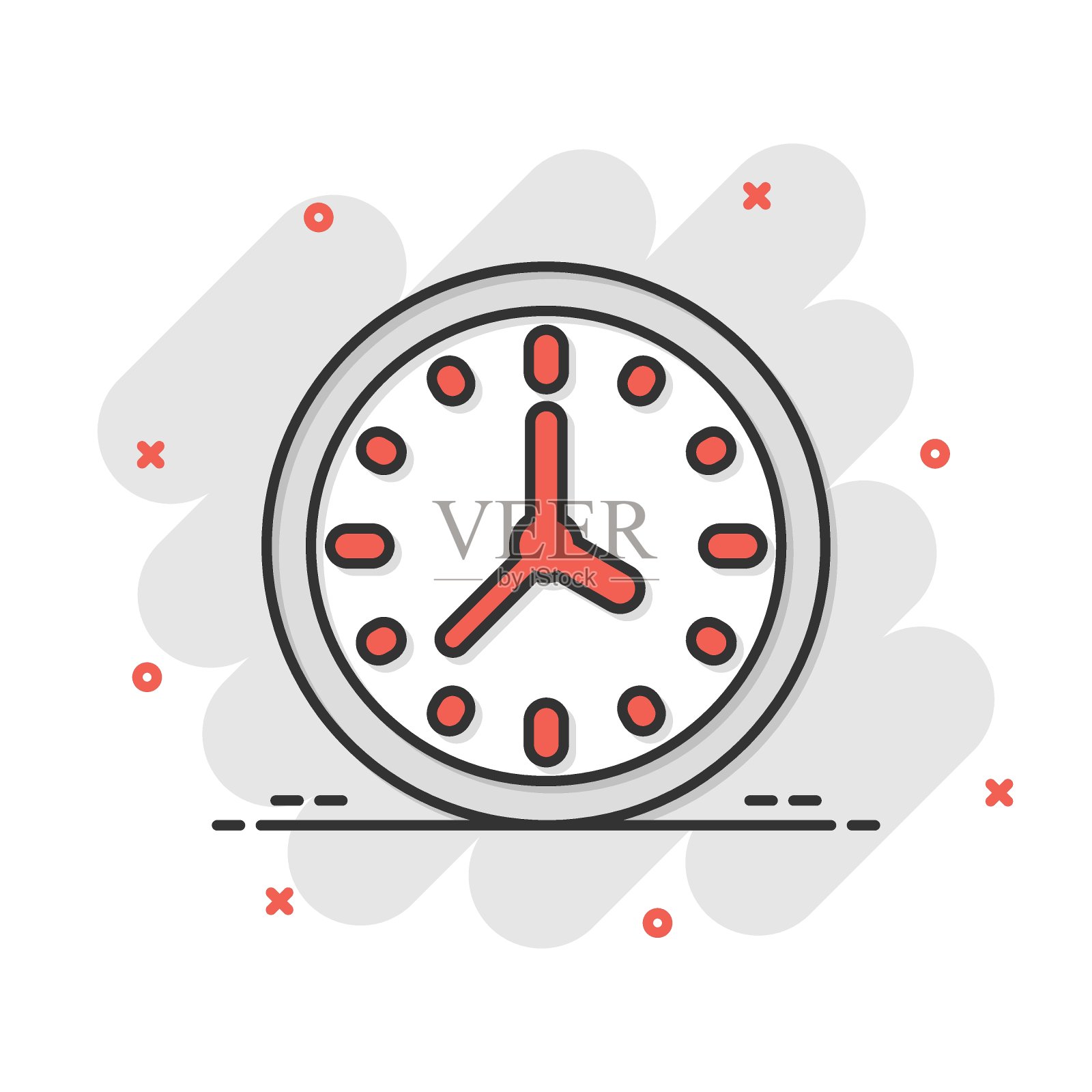 漫画风格的时钟图标。观看卡通矢量插图在白色孤立的背景。定时器喷溅效果的经营理念。插画图片素材