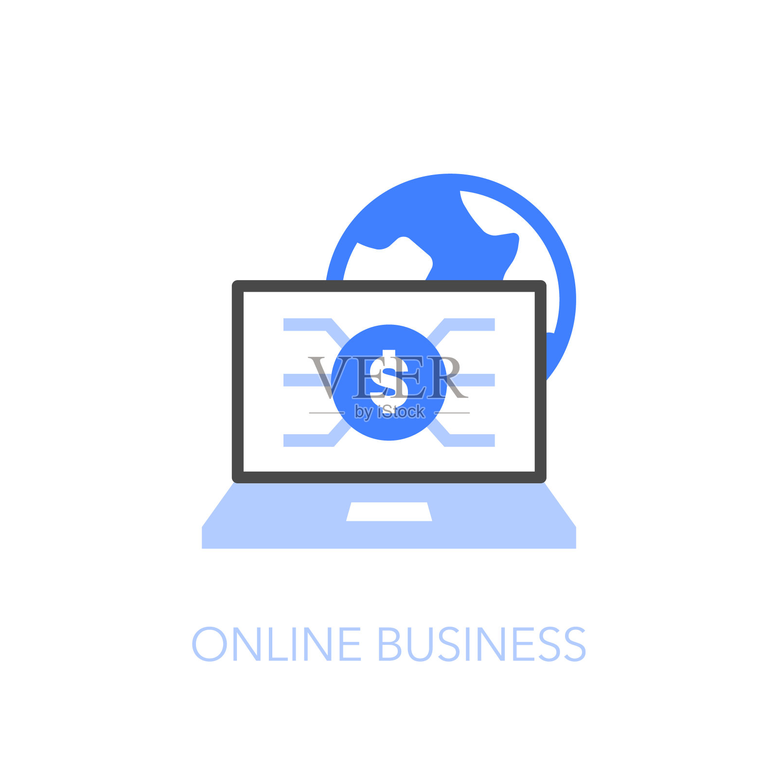 带有笔记本电脑和地球仪的在线商业标志插画图片素材