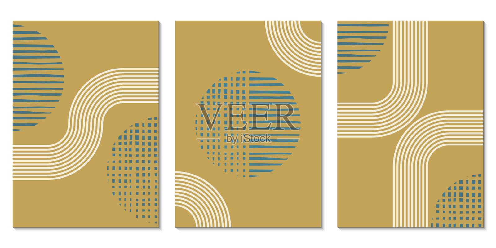 抽象艺术背景设置几何形状。圆形和线条的简约设计。当代海报,现代图形,时髦的封面,印刷或墙纸设计模板。插画图片素材