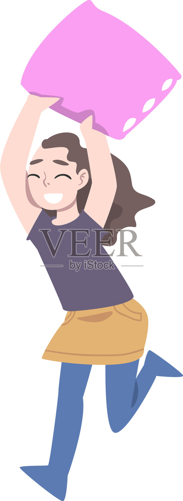 可爱快乐淘气的小女孩抱着枕头跑步设计元素图片