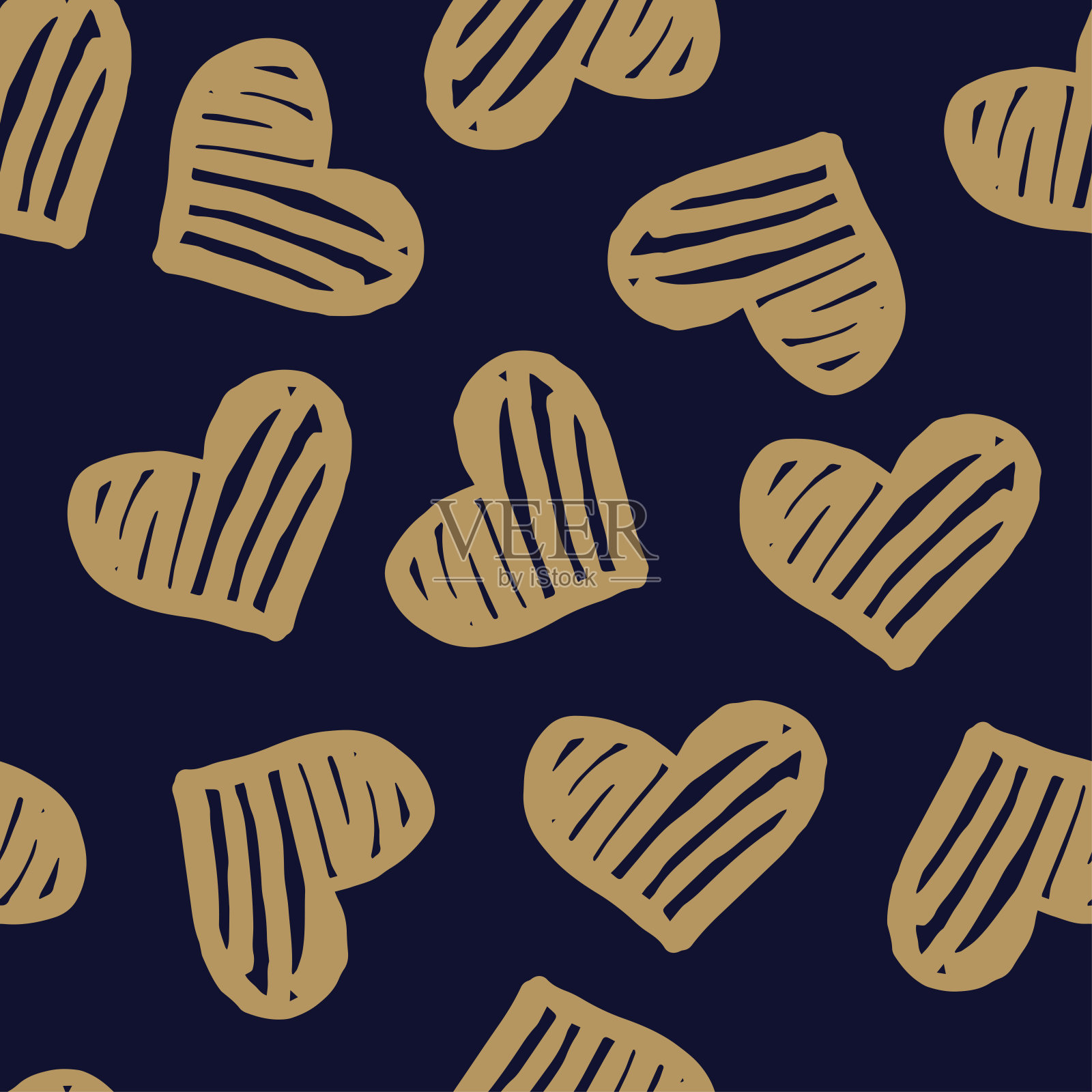 无缝模式与米色的心在深蓝色的背景。为纺织品,背景,衣服,包装纸,网站和墙纸的矢量设计。时尚插画无缝图案。插画图片素材