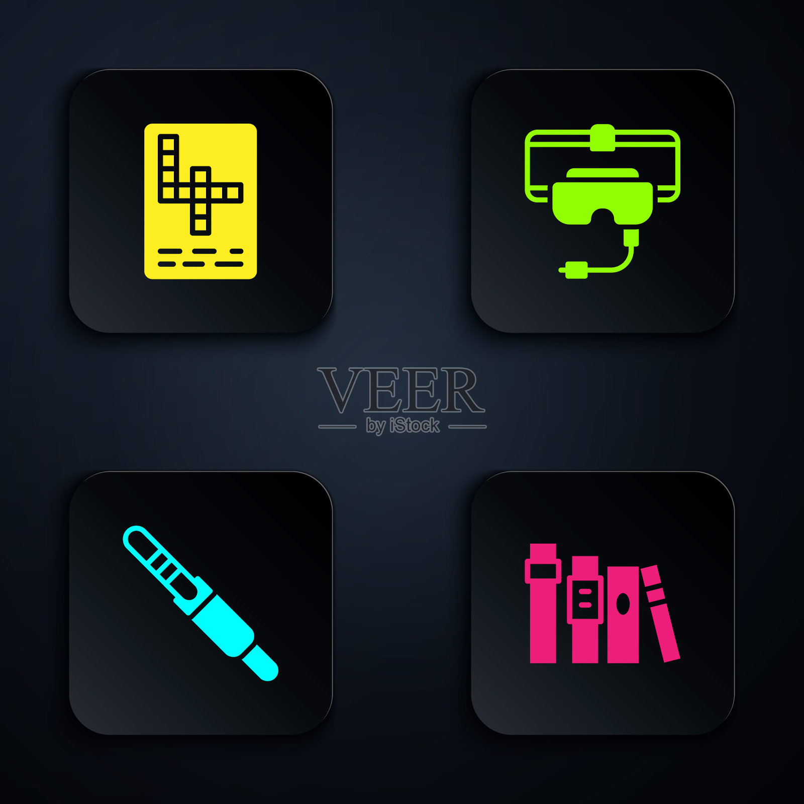 书籍,填字游戏,音频插孔和虚拟现实眼镜。黑色方形按钮。向量图标素材