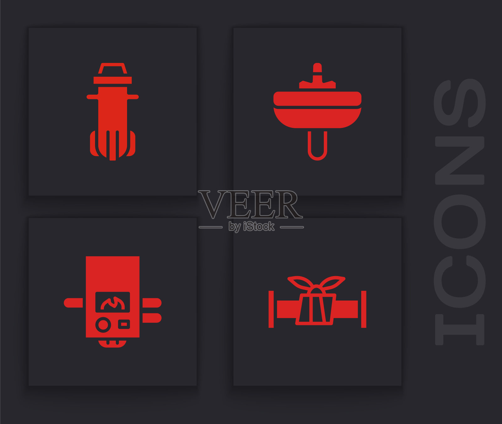 设置工业金属管、滤水器、洗脸盆、燃气锅炉图标。向量图标素材