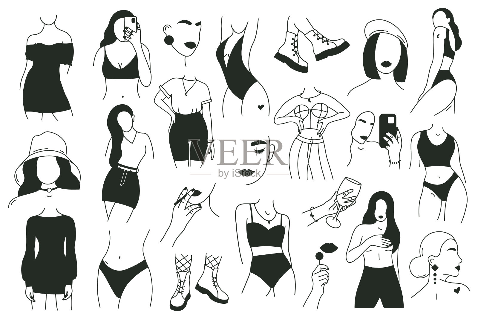 勾勒女性身体元素。当代女性身体,手绘无脸女孩时尚矢量插图集。女性身体部位轮廓极简插画图片素材