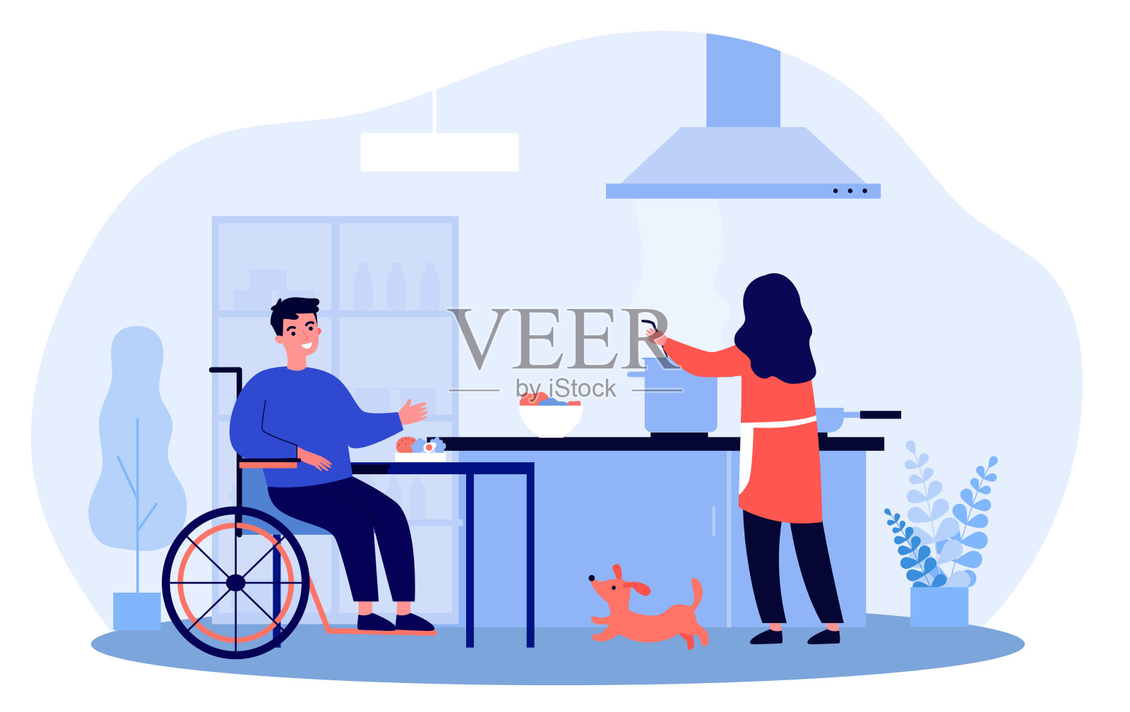 妻子在为残疾的丈夫做饭插画图片素材