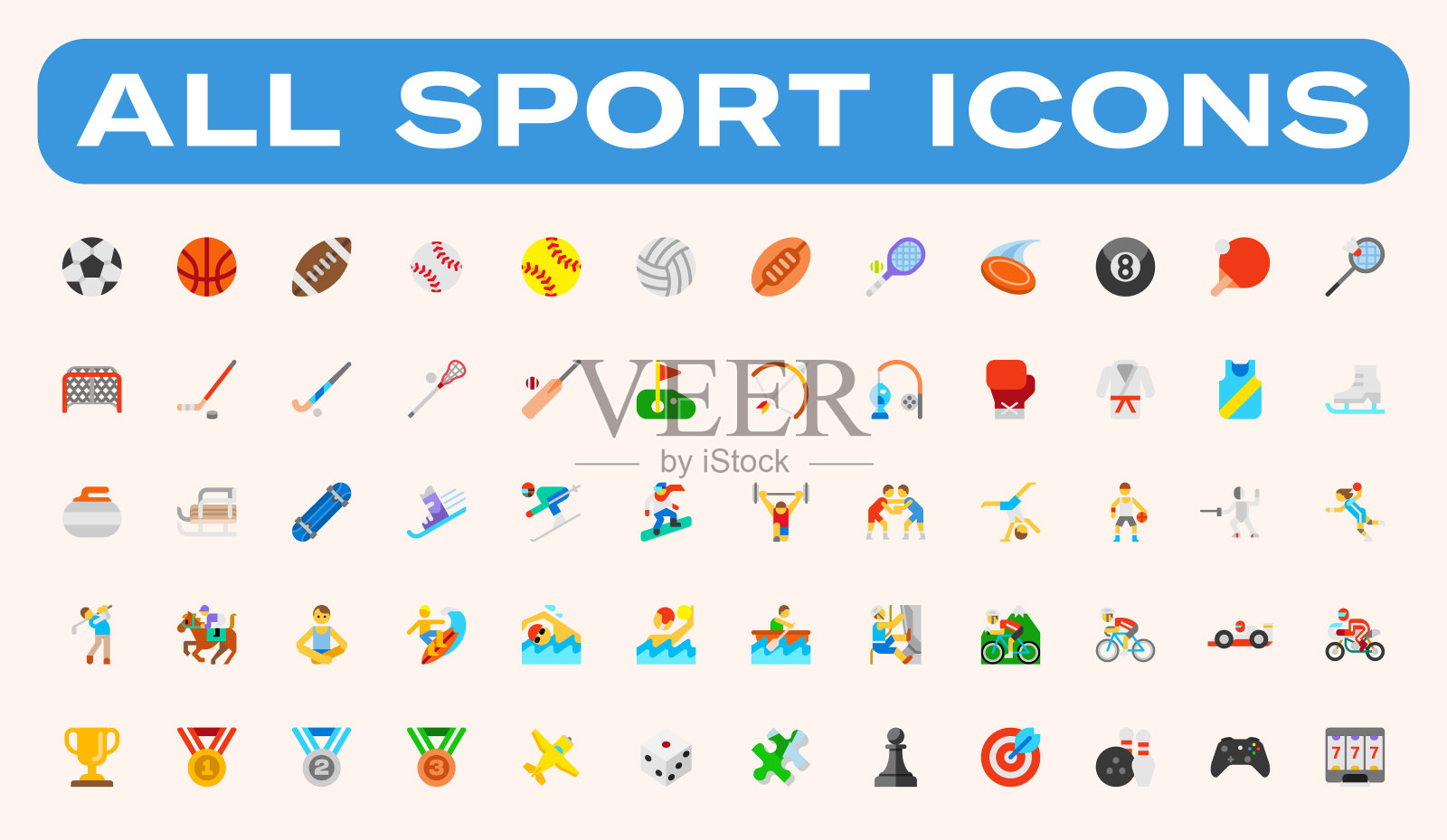 所有类型的运动矢量图标设置。采购产品运动,休闲游戏,活动,运动设备,乐器,卡通风格矢量符号收集图标素材