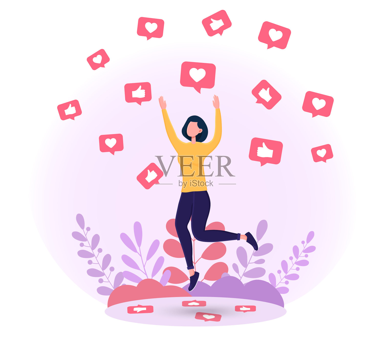 年轻的女性角色抓住了喜欢和拇指插画图片素材