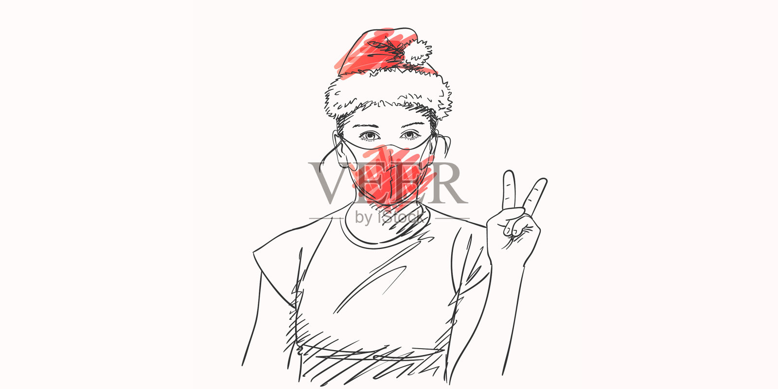 少女在红色面具和圣诞老人帽子插画图片素材