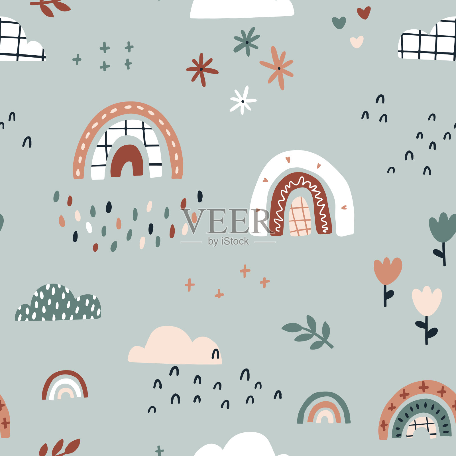 彩虹在雨中无缝的图案。夏季苗圃矢量背景在泥土趋势的颜色。手绘幼稚天真的插图在一个简单的斯堪的纳维亚风格在有限的调色板。插画图片素材