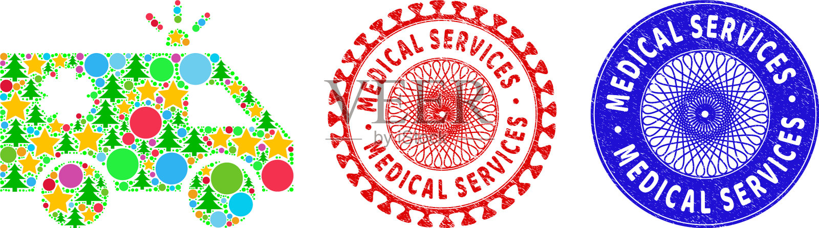 有花纹的邮票和急救车插画图片素材