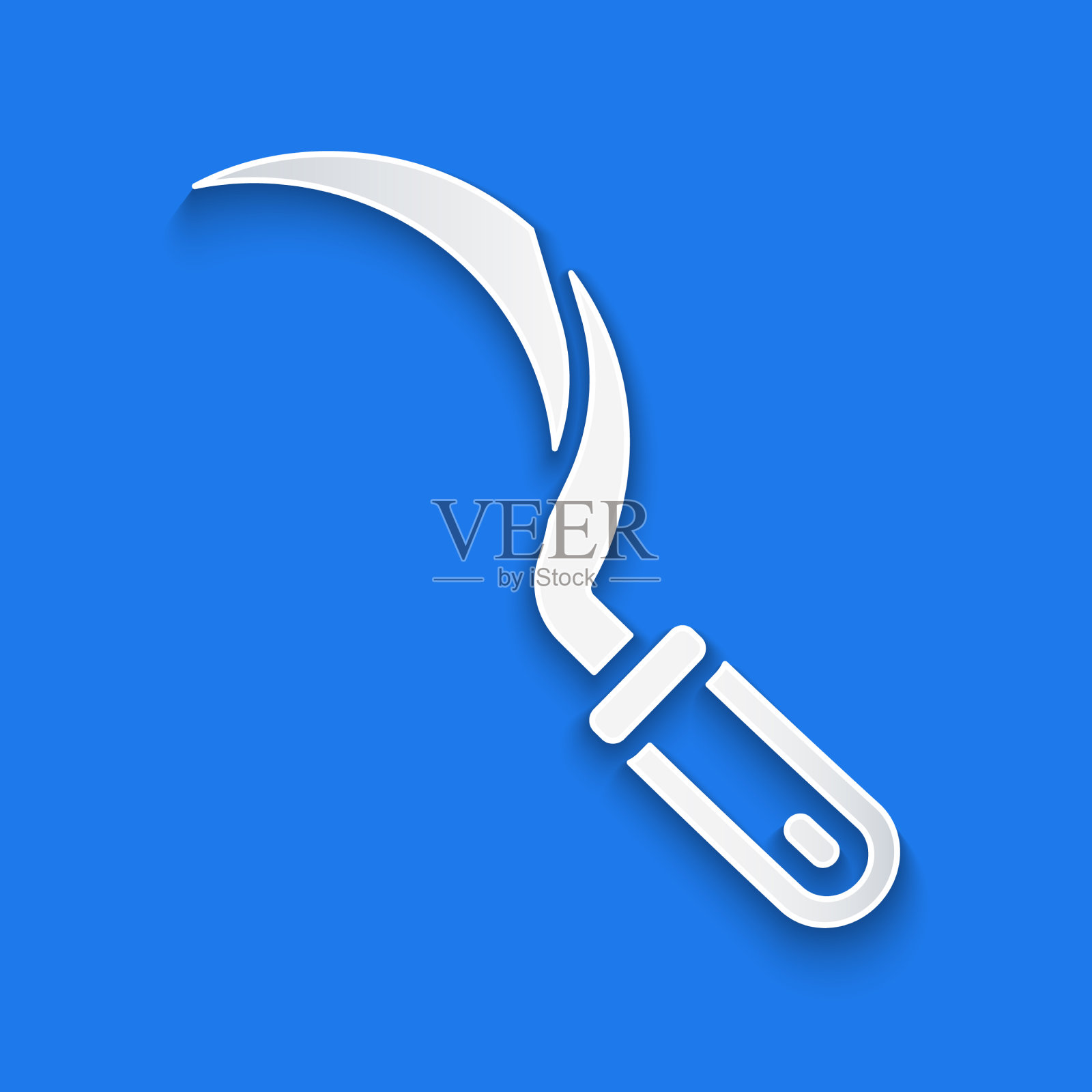 剪纸镰刀图标孤立在蓝色背景插画图片素材