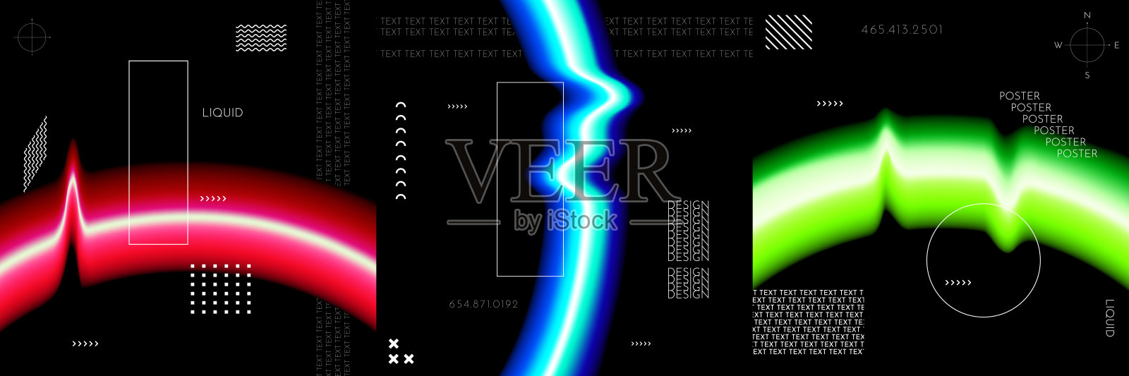 矢量插图。抽象液体颜色形状收集孤立在黑色几何背景。现代艺术。设计元素的社会媒体模板,网页横幅。霓虹灯。蓝色,红色,绿色插画图片素材