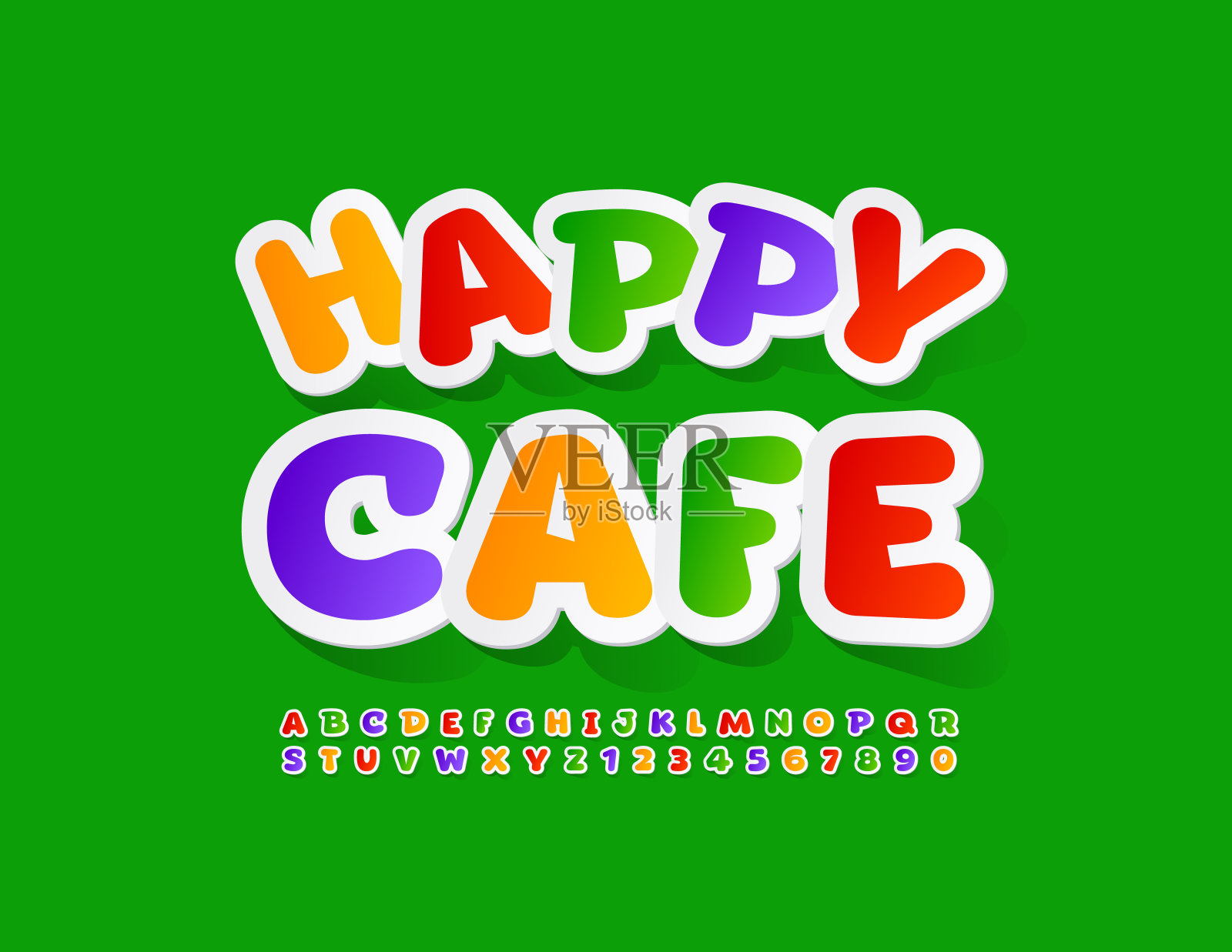 向量彩色标志快乐咖啡馆。贴纸风格的字母和数字集插画图片素材