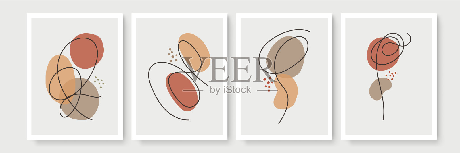 植物墙艺术向量集。简约自然的墙壁艺术。波荷叶线艺术绘画的抽象形状。植物艺术设计版画、墙纸、封面。现代的矢量图插画图片素材