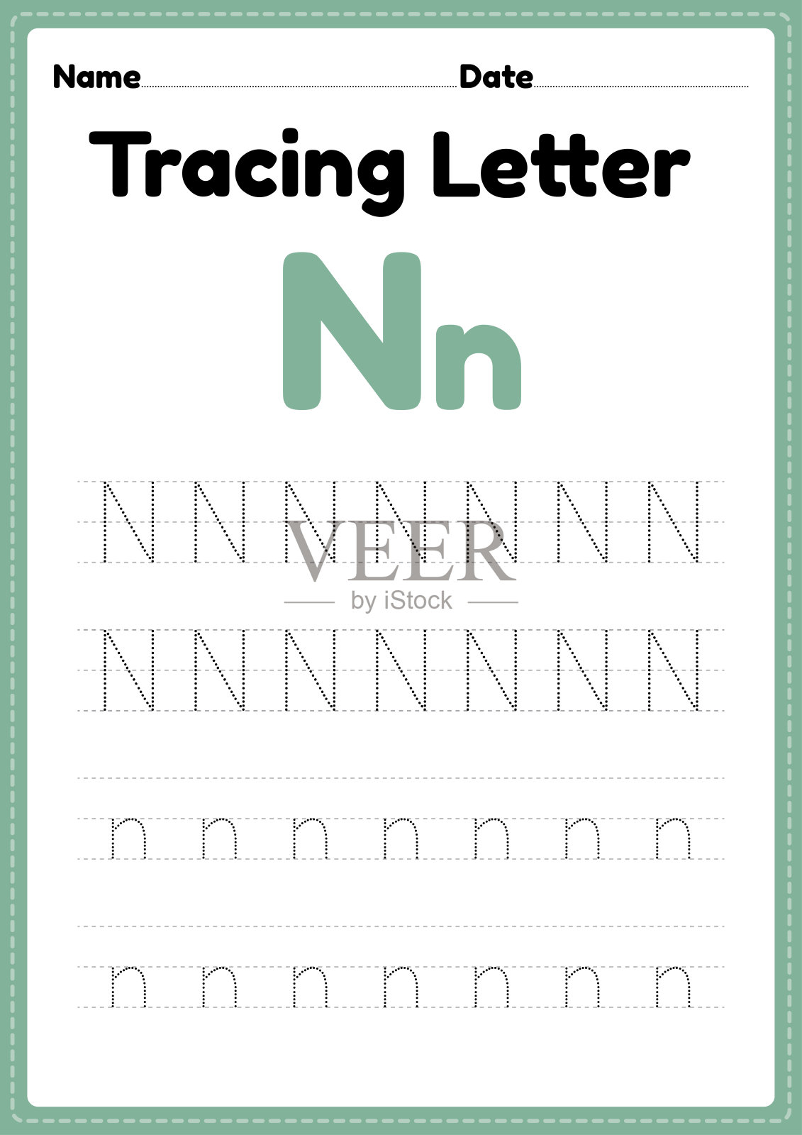 为幼儿园和学前班的孩子画字母n的工作表插画图片素材