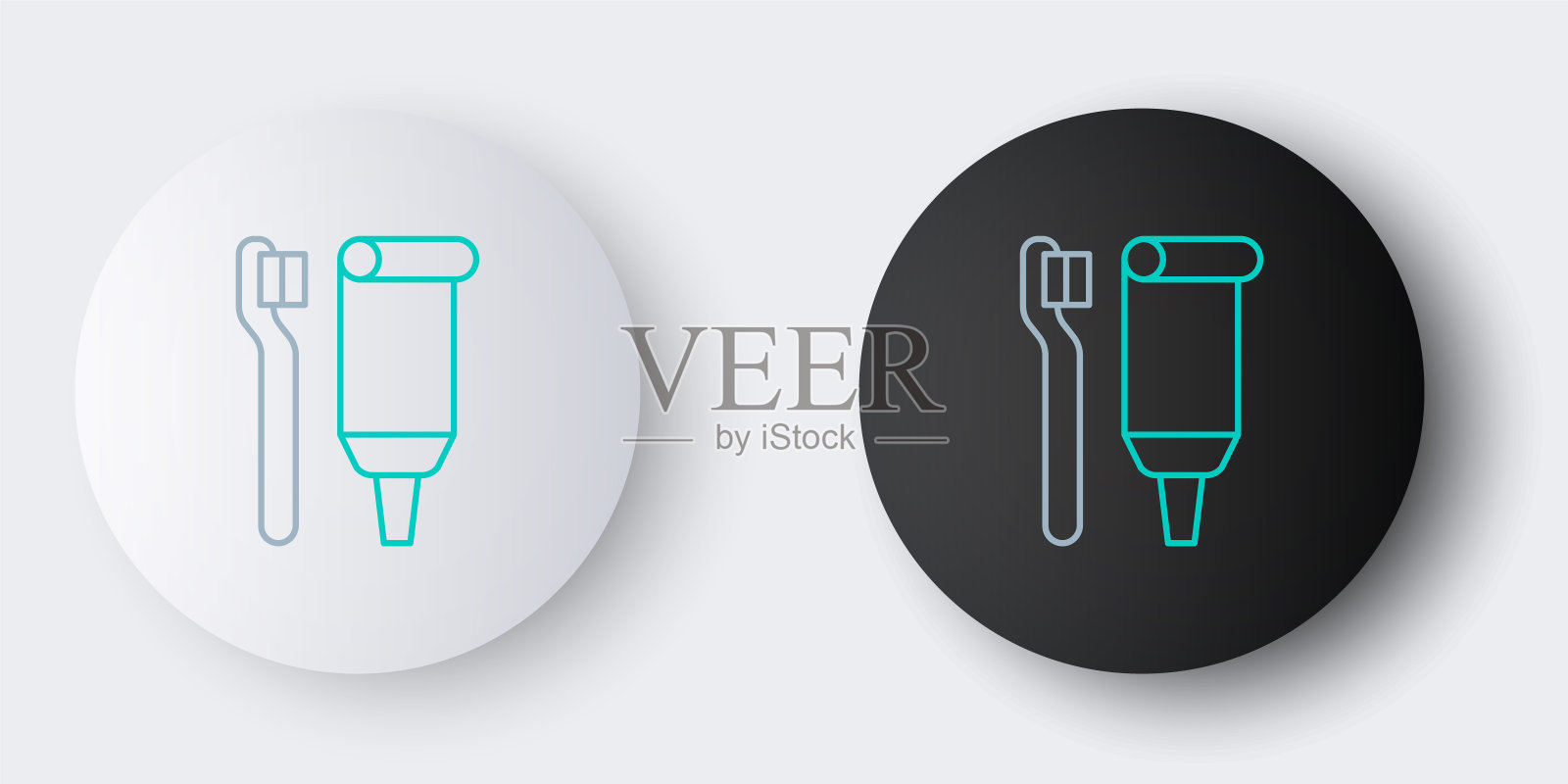 线条牙刷和牙膏管图标隔离在灰色背景。一次性盥洗用品。色彩斑斓的轮廓的概念。向量图标素材