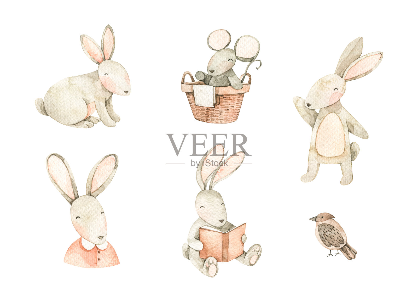 水彩画可爱的兔子,老鼠,鸟。兔子读的书。春天的集合。适合儿童印刷,卡片,海报,织物,包装纸,亚麻布,墙纸插画图片素材