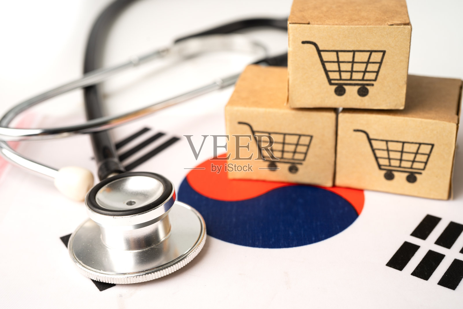 购物车标志与韩国国旗,购物网上进出口电子商务金融的经营理念。照片摄影图片