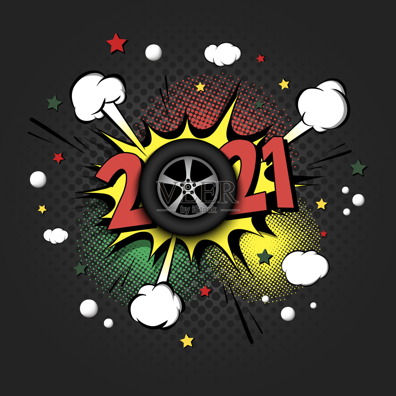 数字2021和汽车车轮在波普艺术风格插画图片素材