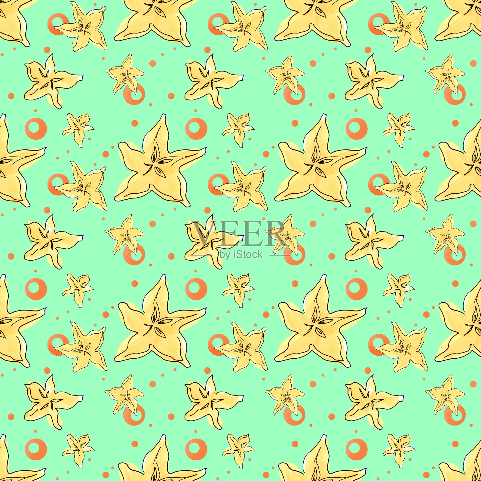 通过标记说明。热带水果。杨桃。插画图片素材