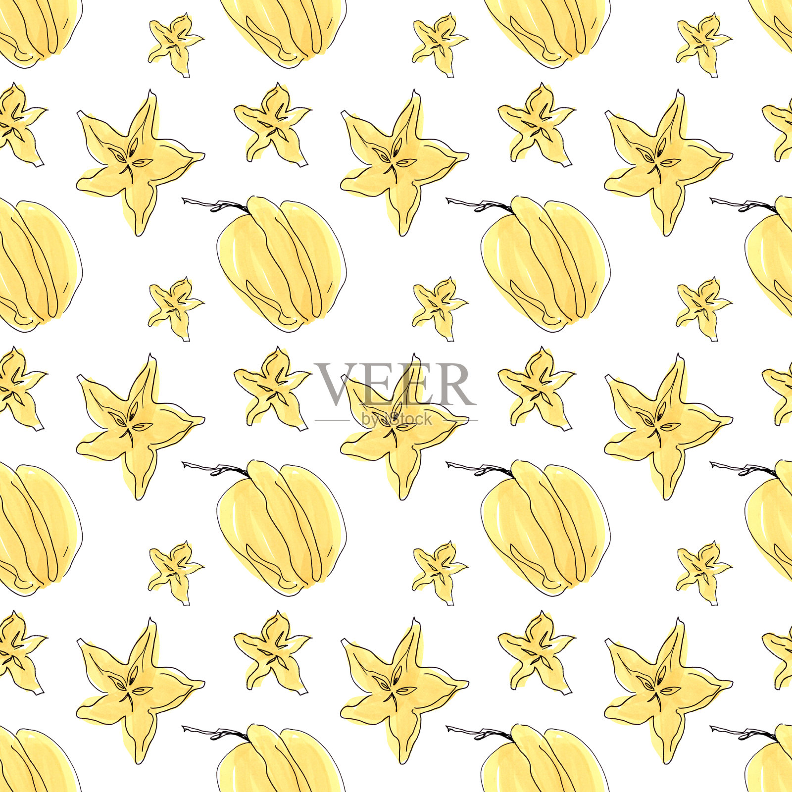 通过标记说明。热带水果。杨桃。插画图片素材