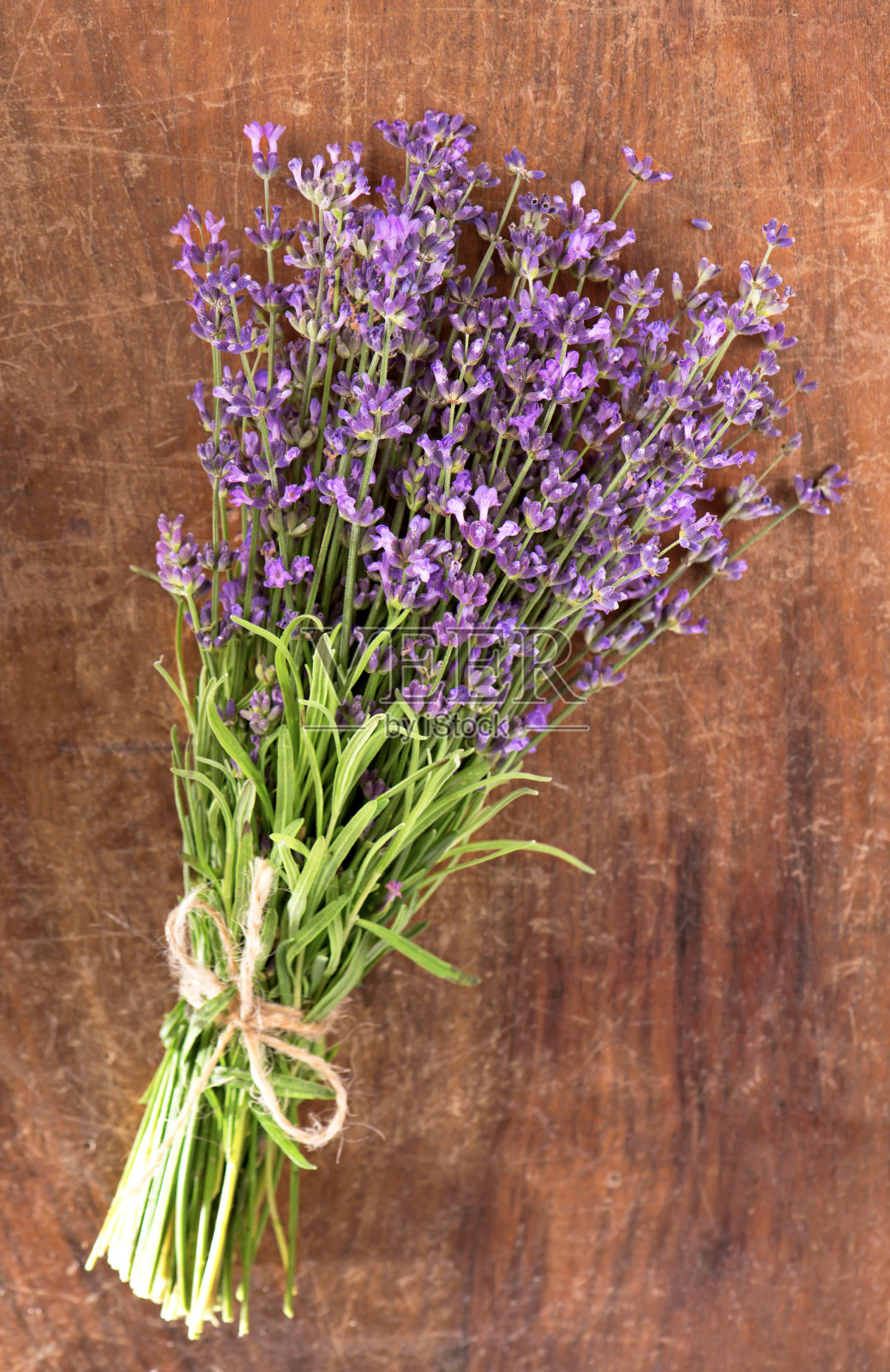 木桌上放着一根薰衣草树枝照片摄影图片