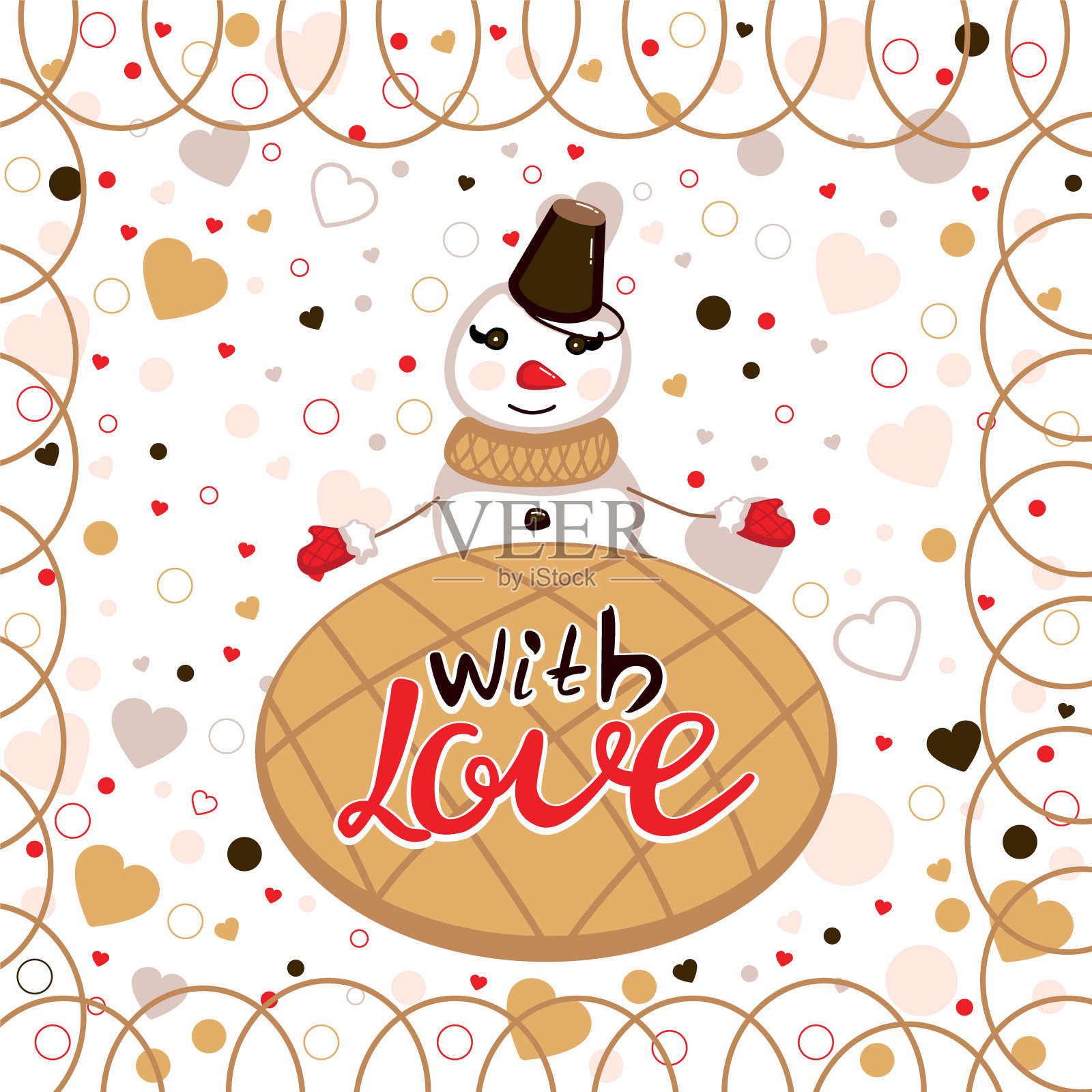 贺卡上有雪人、爱心和题字插画图片素材