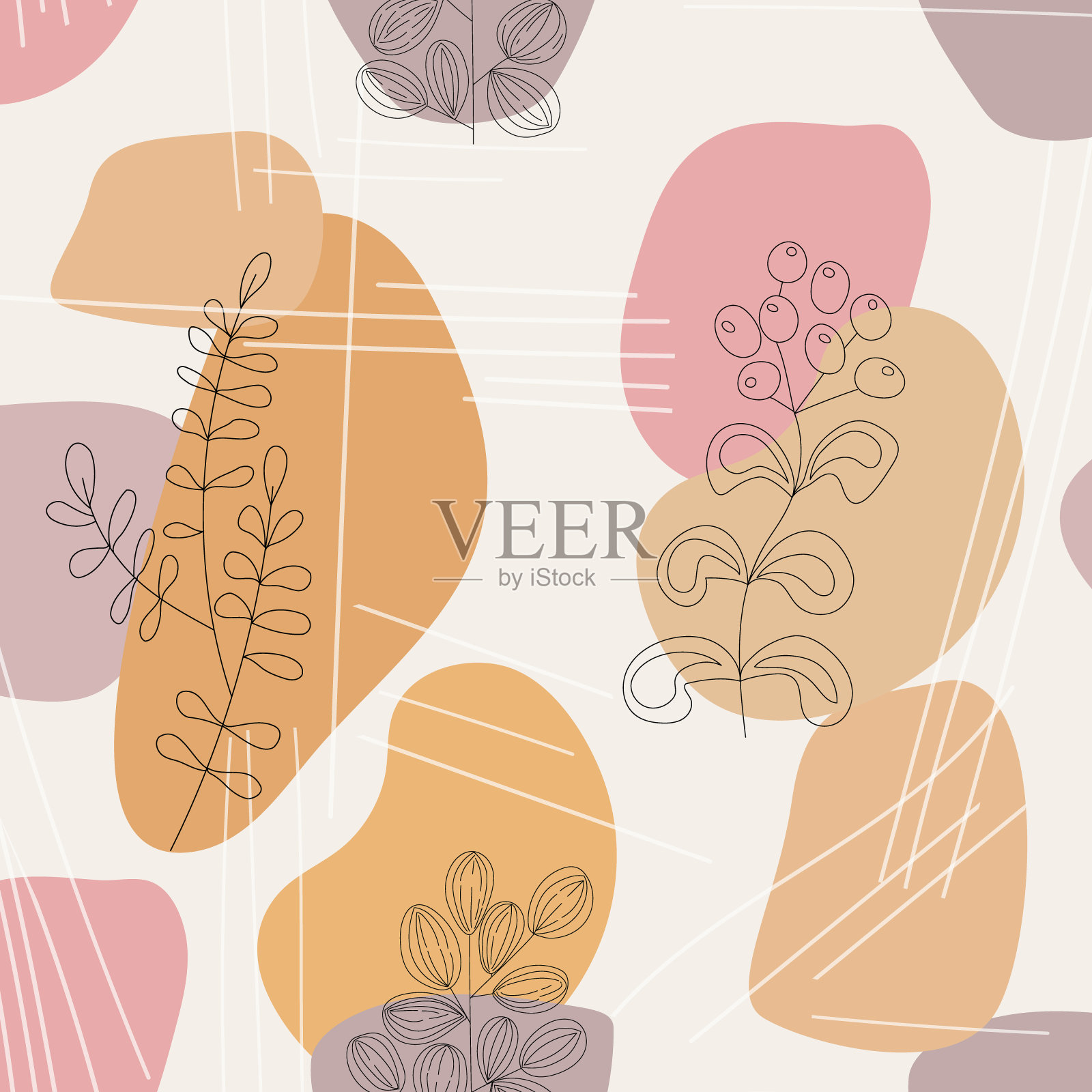 用简单的形状和线条构成的抽象的无缝图案。植物成分的野草和枝与叶。极简主义艺术线条。柔和的大地色。向量的背景插画图片素材