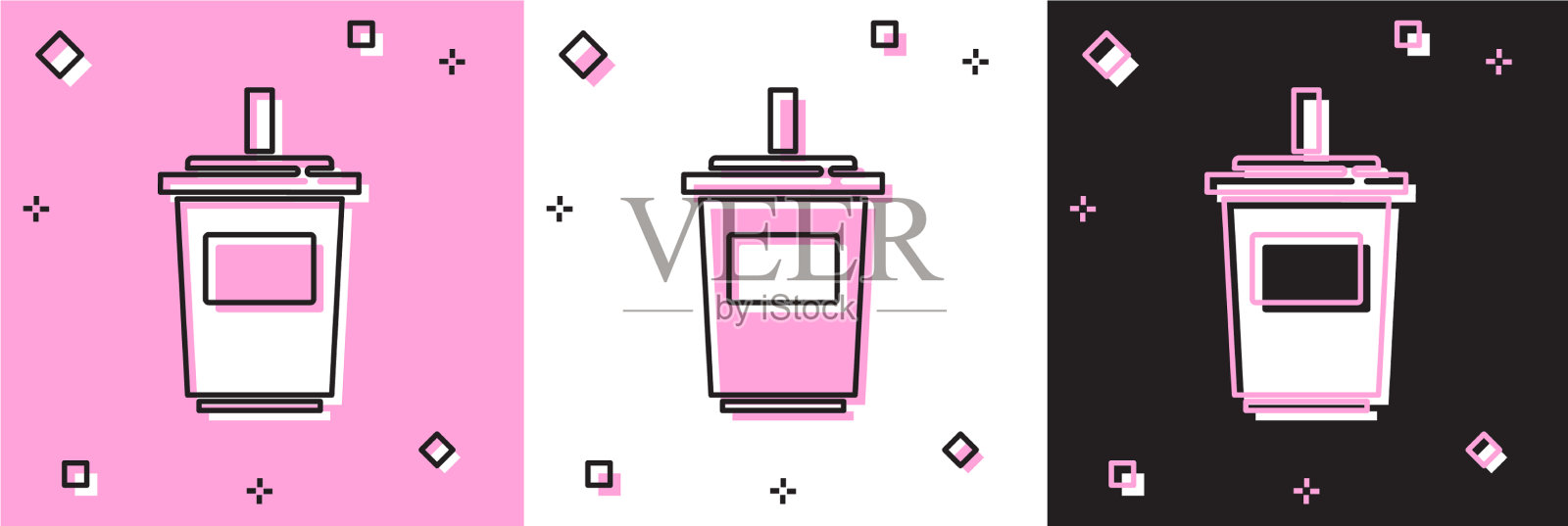 设置有饮用吸管和水图标的纸杯插画图片素材