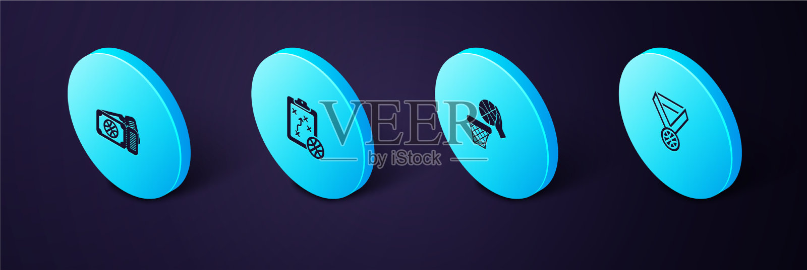 设定等距篮球奖牌和篮筐图标素材