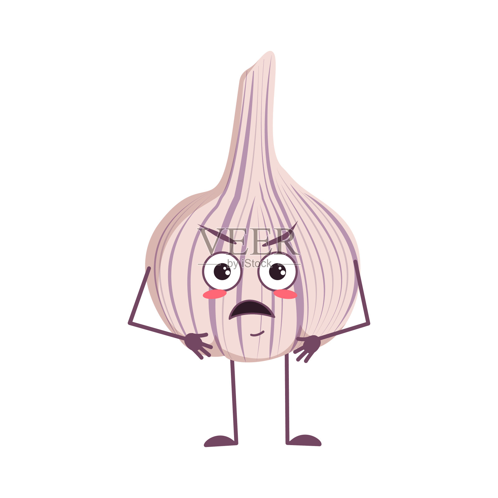 可爱的大蒜人物有生气的情绪,脸,胳膊和腿。幽默或暴躁的英雄,蔬菜插画图片素材