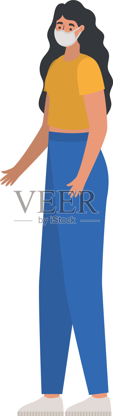 戴着安全面罩,穿着黄色衬衫的女人插画图片素材