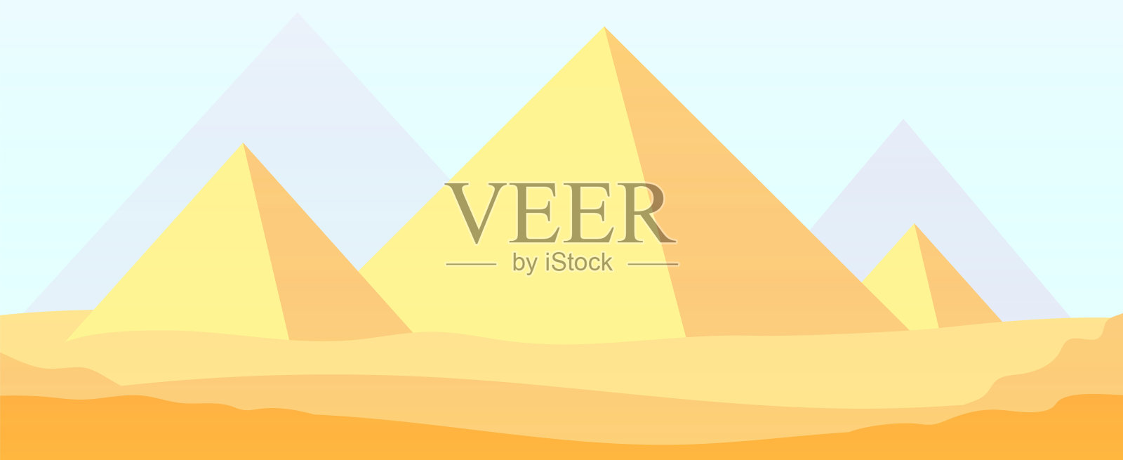 埃及金字塔的背景。古老的阳光金字塔景观,古老的历史建筑。平面卡通埃及沙漠矢量全景图插画图片素材