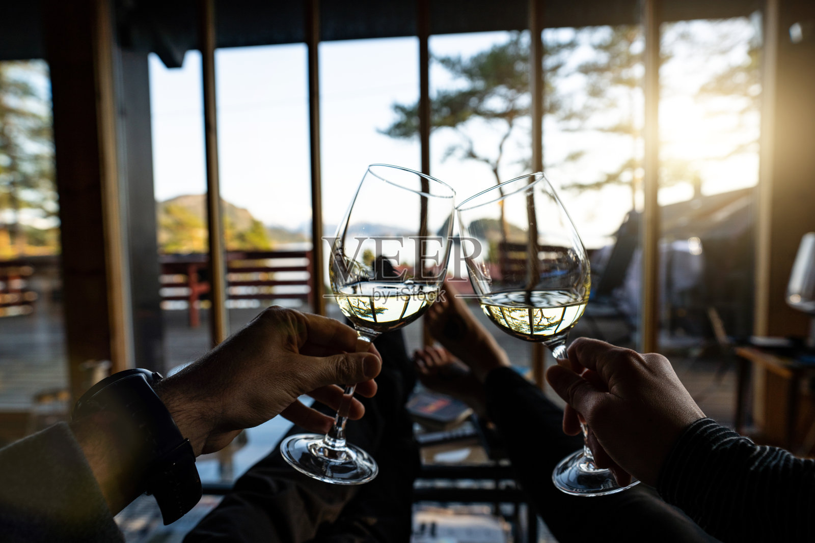 POV夫妇有普罗塞科晚上在一个宏伟的度假胜地在夏季在挪威照片摄影图片