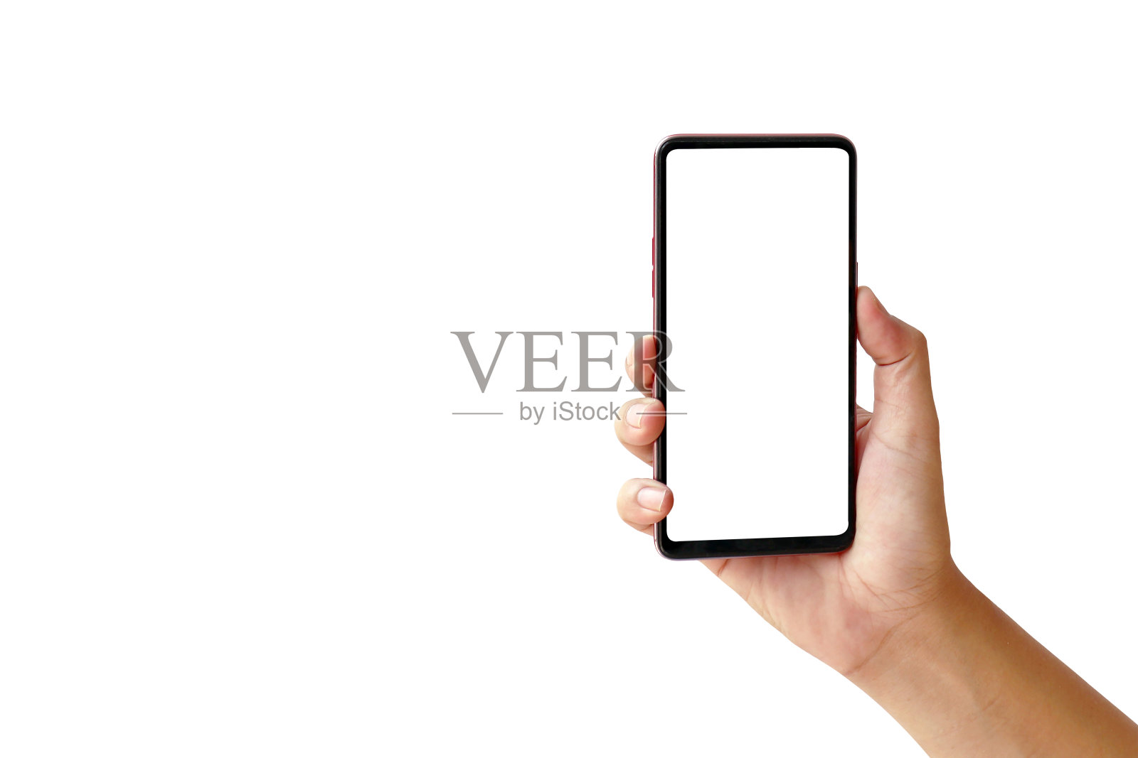 手持白色背景下的新智能手机。照片摄影图片