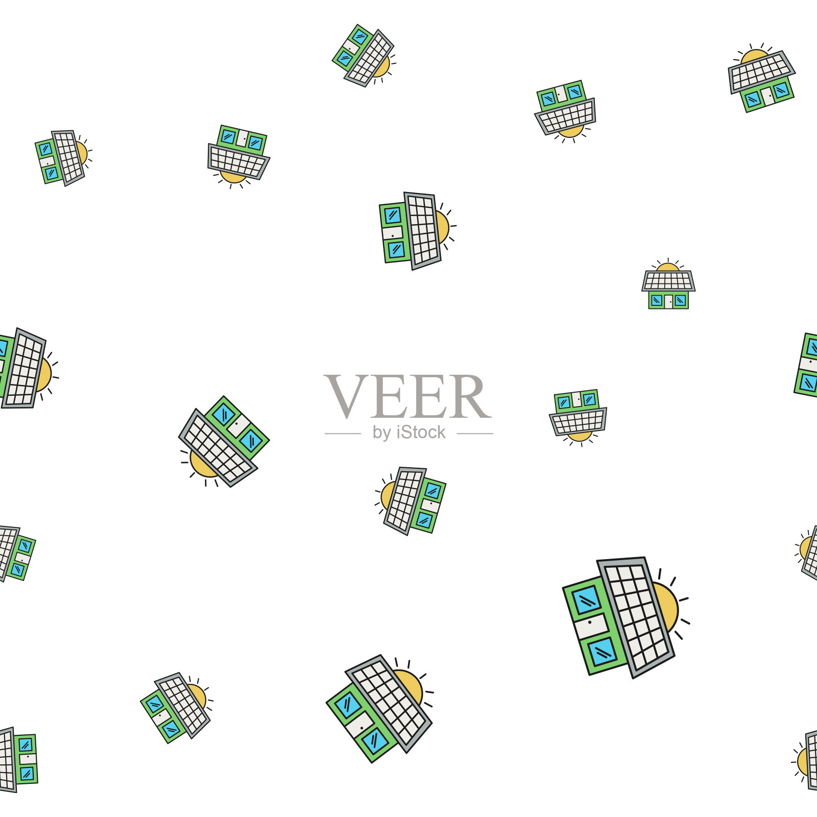 有太阳能板的房子。无缝模式的生态图标插画图片素材