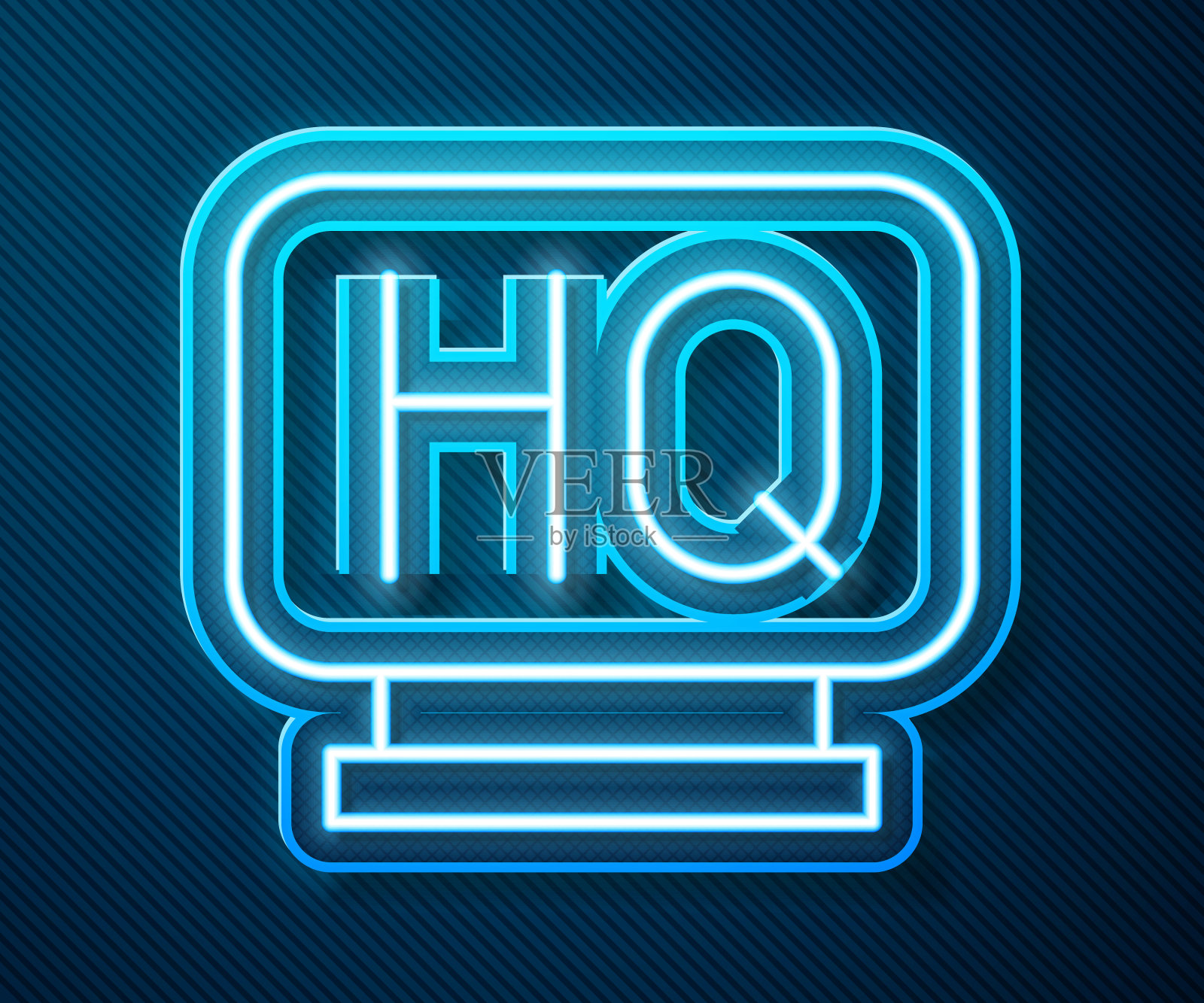 发光的霓虹灯线军事总部图标孤立在蓝色背景。向量插画图片素材