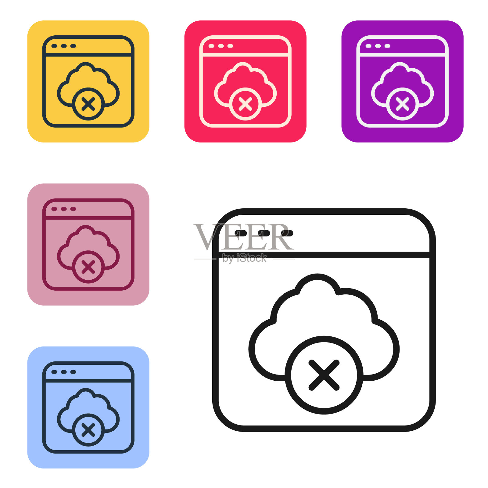 黑线访问失败云存储图标隔离在白色背景上。云技术数据传输和存储。设置图标的颜色方形按钮。向量图标素材