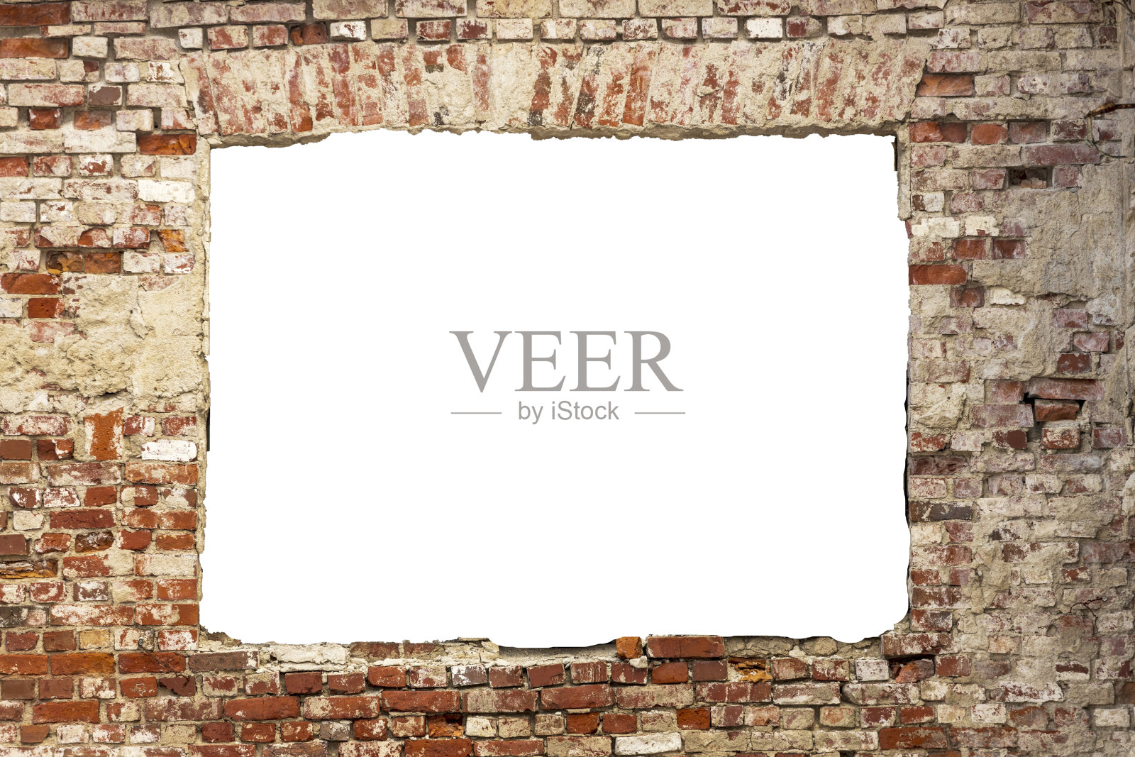 破损的旧砖墙,中间有个洞。孤立在白色背景上。乏味的东西。横向框架照片摄影图片