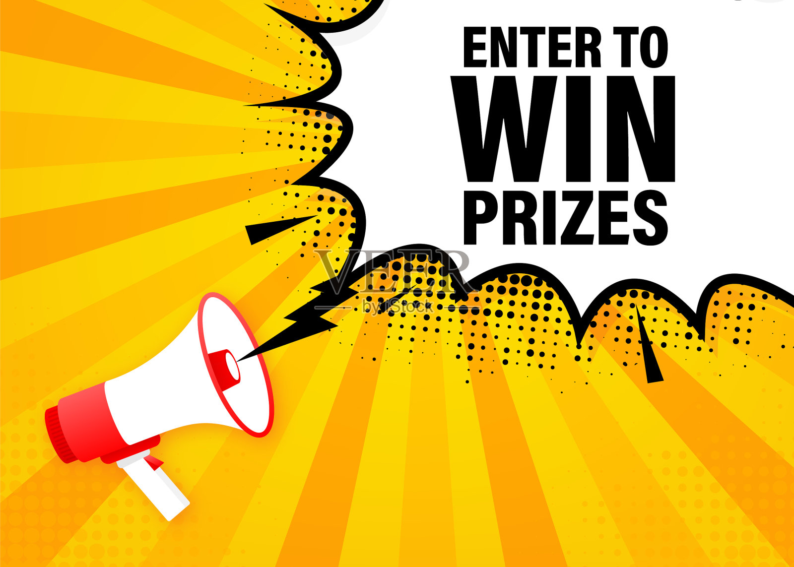 在3d中进入获奖扩音器黄色横幅插画图片素材