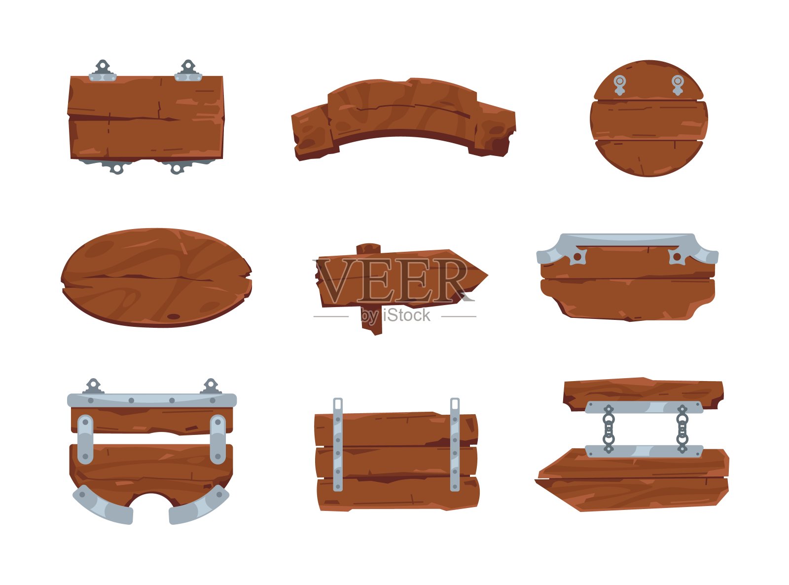 木制的迹象。带铁链的木头招牌。卡通棕色板设置。孤立的路标。方形和圆形的广告横幅。方向指针。矢量游戏UI元素插画图片素材