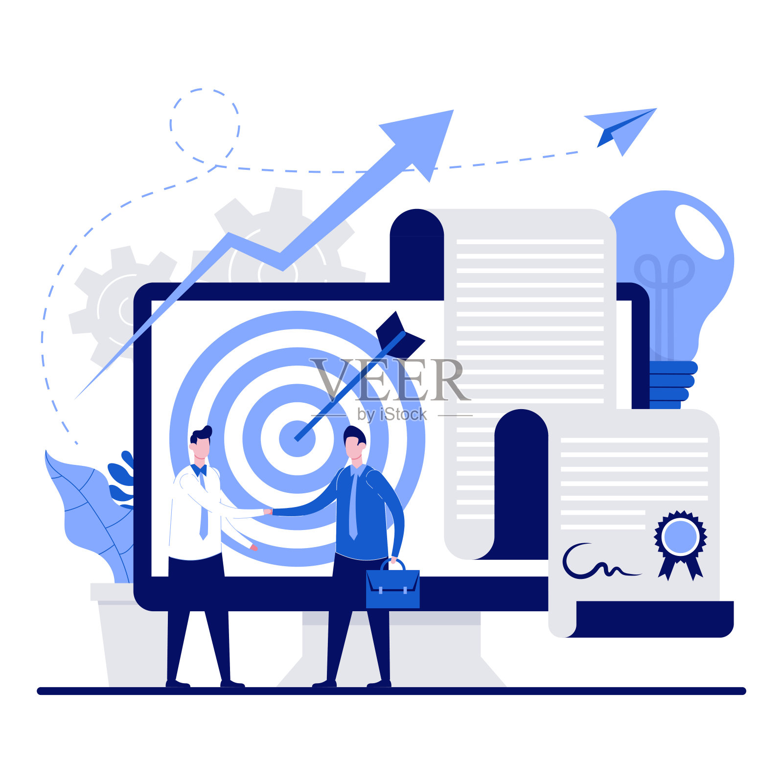 商业伙伴关系,签订合同,成功的合作理念与微小的字符。商人们协商后握手同意平矢量图。可用于登陆页面。插画图片素材