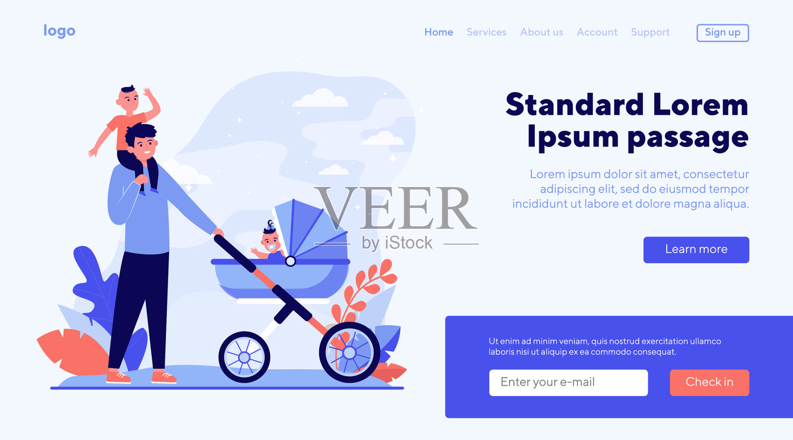 快乐的父亲与孩子们散步插画图片素材