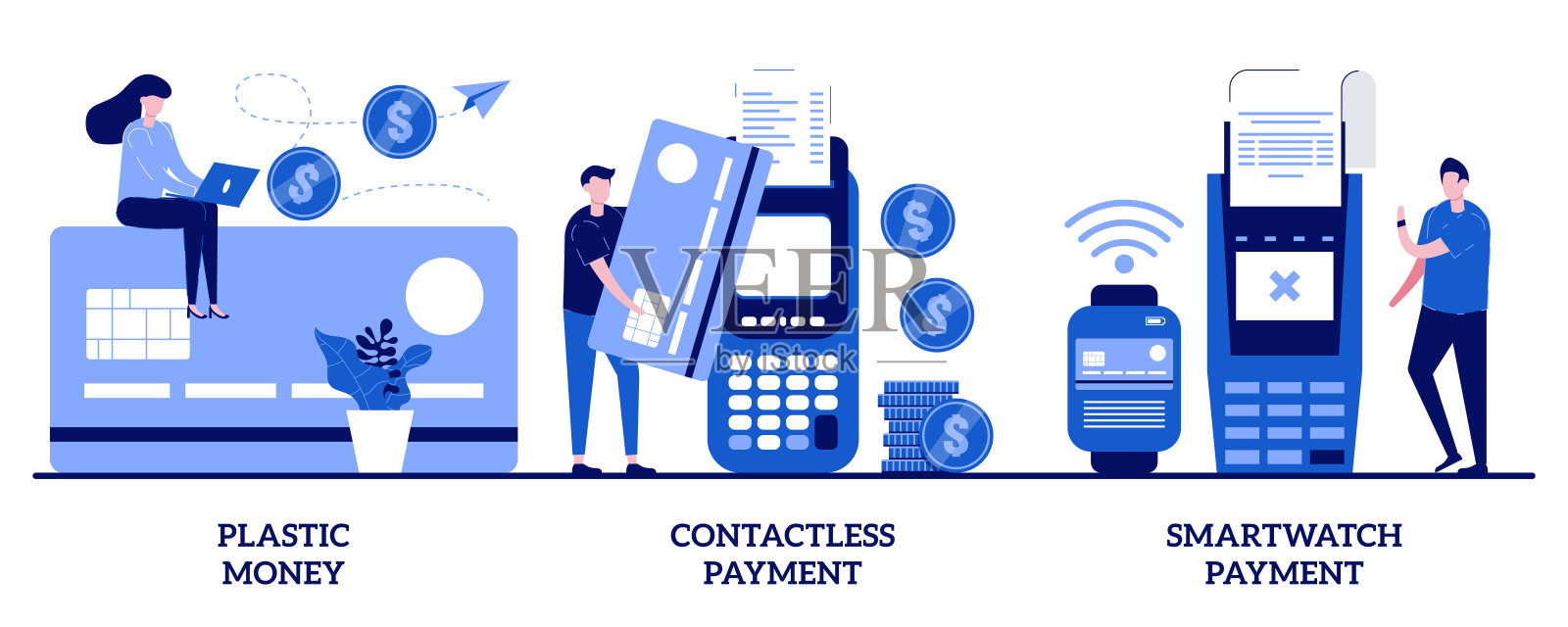 塑料钱,用微型智能手表支付。数字交易抽象矢量插图集。信用卡和借记卡,智能手机银行应用,智能技术隐喻。插画图片素材