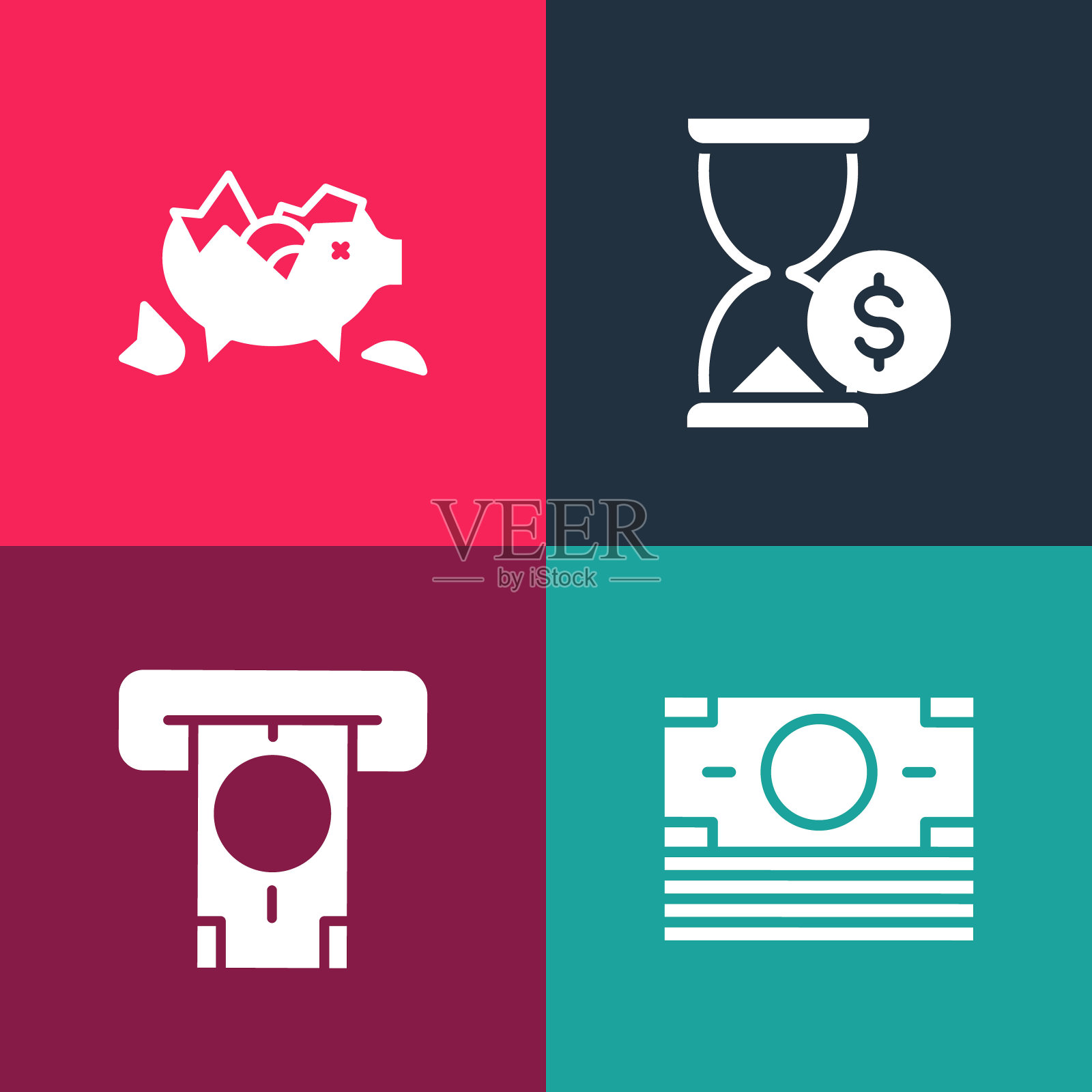 设置波普艺术堆纸币现金,ATM和,沙漏与美元和破碎的存钱罐的图标。向量图标素材