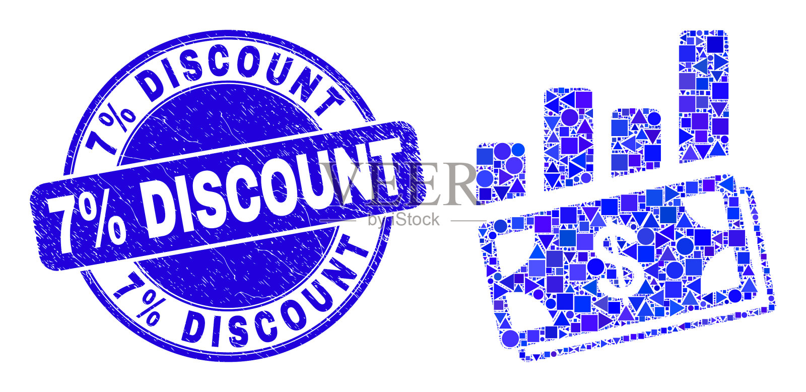 蓝色刻有7%折扣印章和设计元素图片