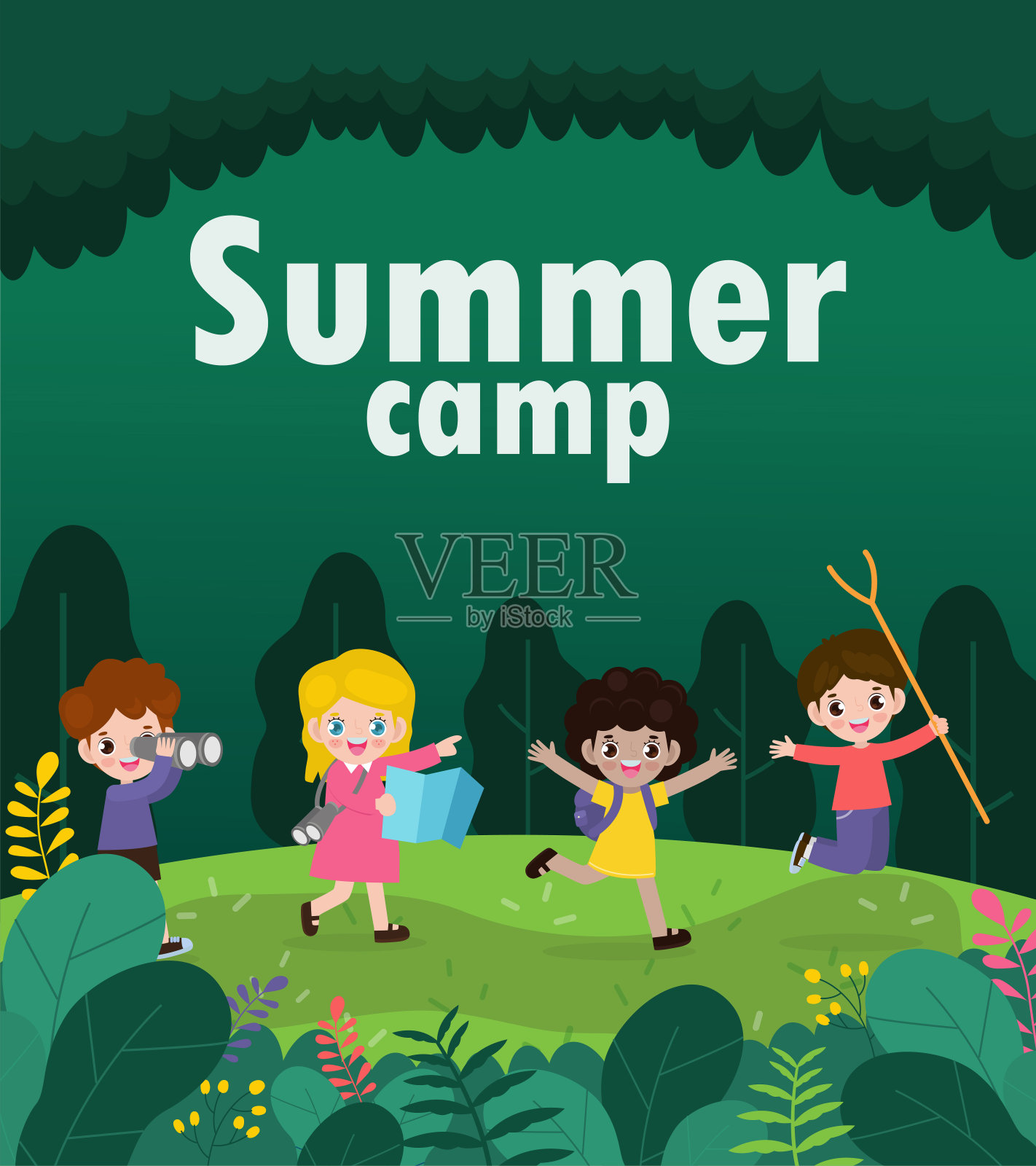 儿童夏令营背景教育广告宣传册或海报模板,快乐的孩子做活动露营和跳跃,海报传单模板,你的文本,矢量插图插画图片素材
